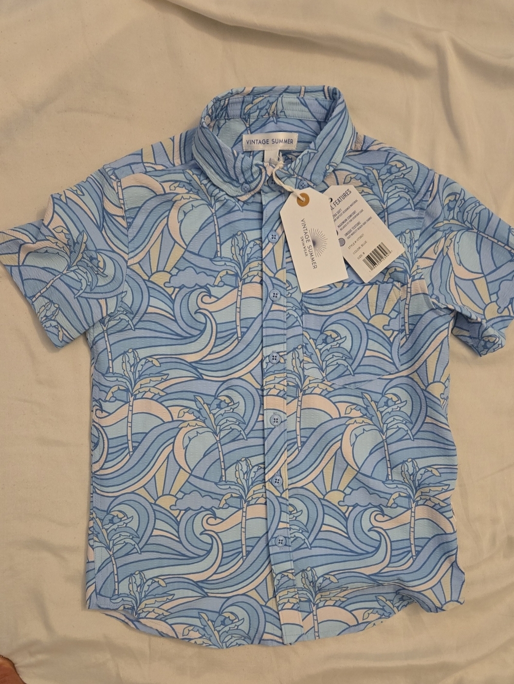 Vintage Summer Boys's Blue Wave-Print Short Sleeve Button-Down Shirt
